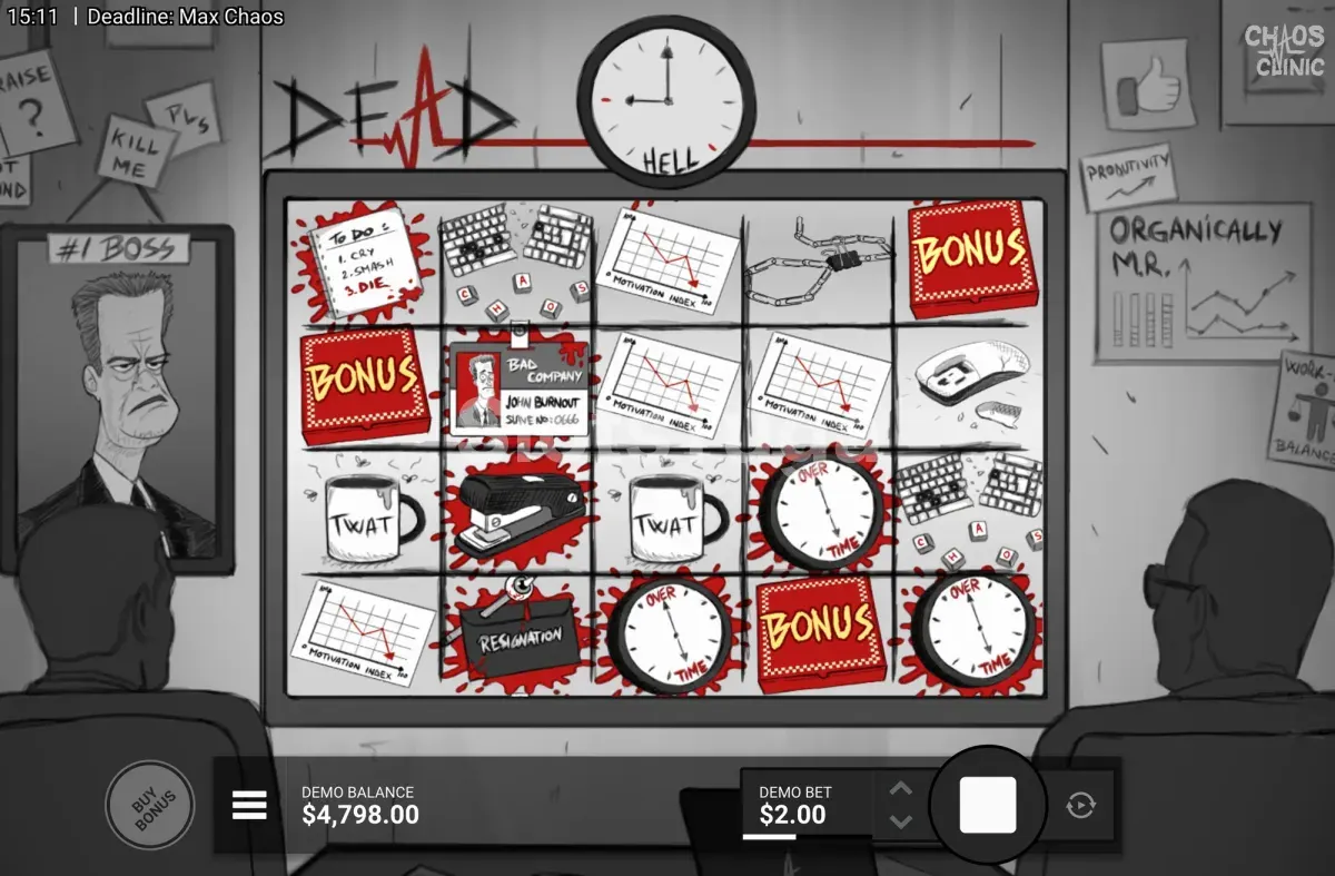 Scatters em caixa de pizza a acionar o bónus em Deadline Max Chaos