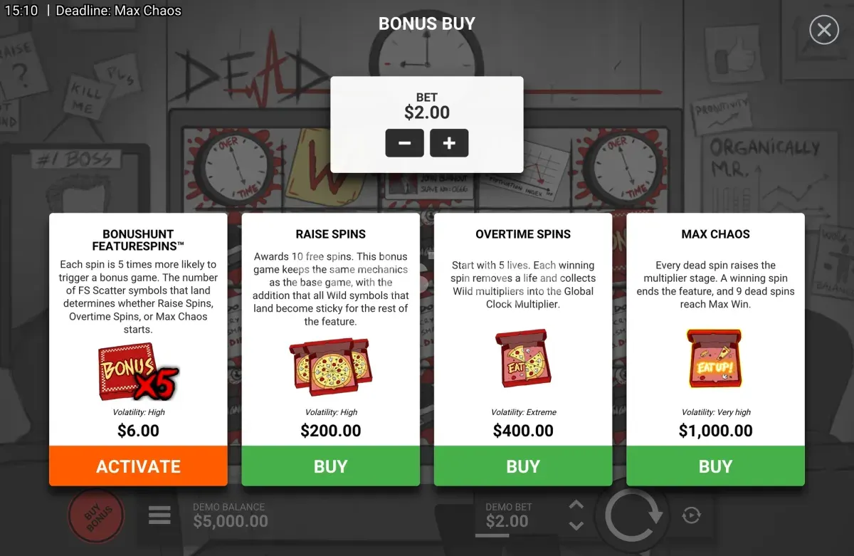 Menu de compra de bónus de Deadline Max Chaos com os quatro preços