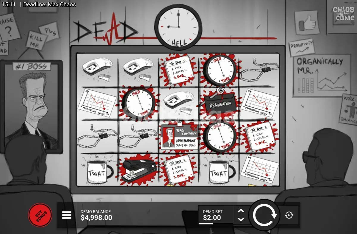 Jogo base de Deadline Max Chaos com a grelha de 5 rolos e 4 filas