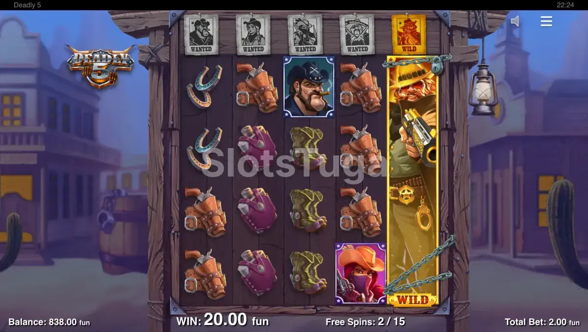 Rodadas grátis ativadas na slot Deadly 5 com o Wild do Xerife