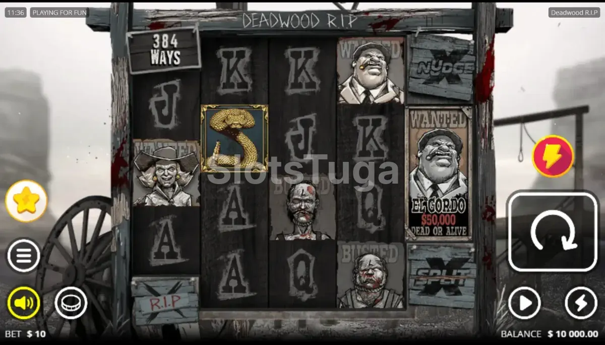 O jogo base de Deadwood R.I.P. em tons de cinzento, com as 384 formas de ganhar no painel esquerdo e um cartaz El Gordo de 50.000 dólares na quinta coluna.