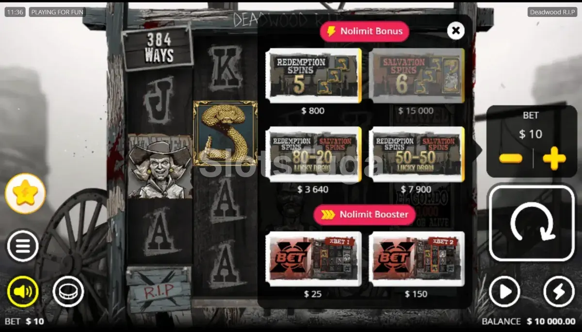 Tela de compra de bônus da Deadwood R.I.P. com opções disponíveis