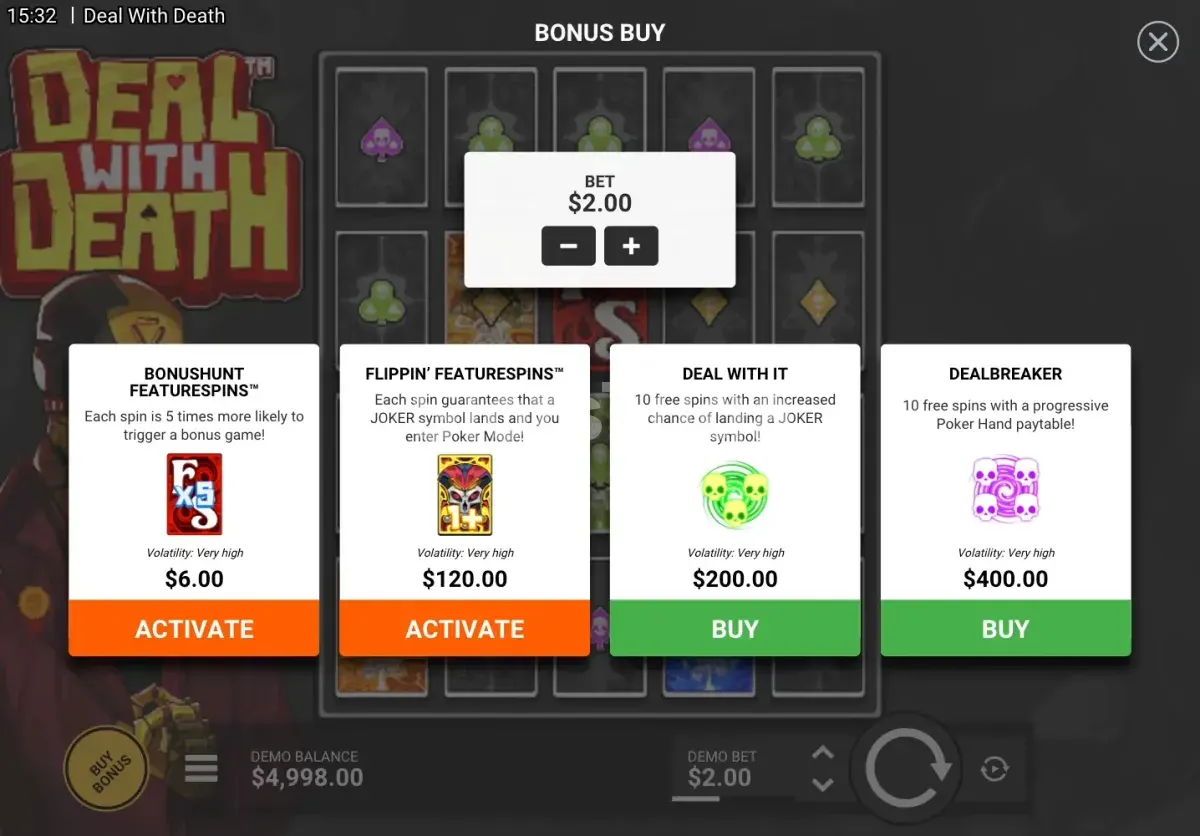 O menu de Deal With Death numa aposta de 2 €: quatro opções entre 6 € e 400 €, todas assinaladas com volatilidade muito elevada.