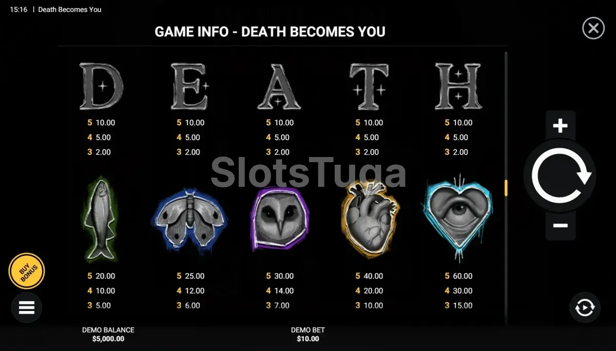 Tabela de pagamentos da Death Becomes You com símbolos premium e wild