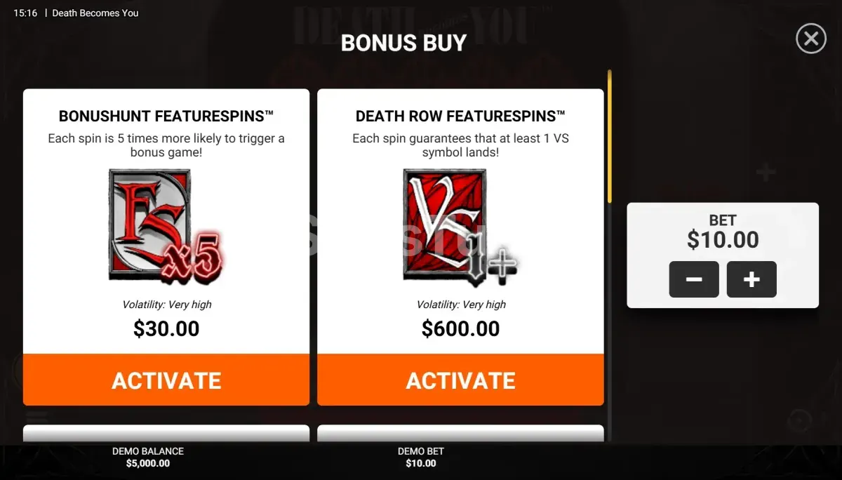 Menu de compra de bônus da slot Death Becomes You com cinco opções disponíveis