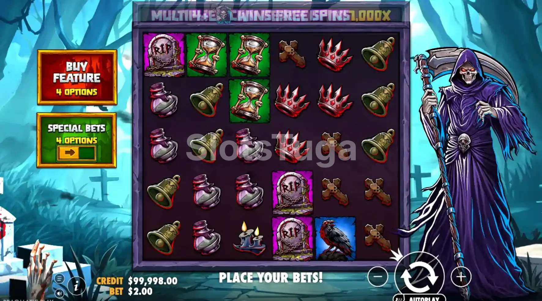 Tela principal da slot Death Dominion com cemitério ao fundo