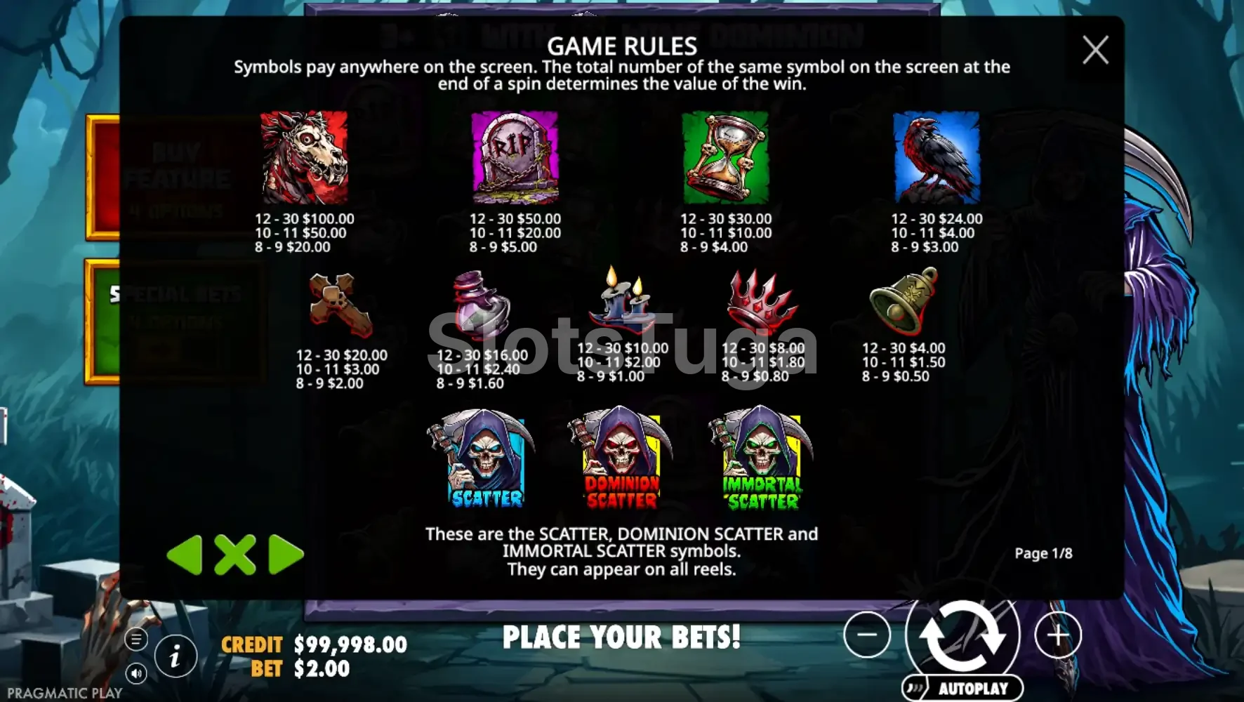 Tabela de pagamentos da slot Death Dominion
