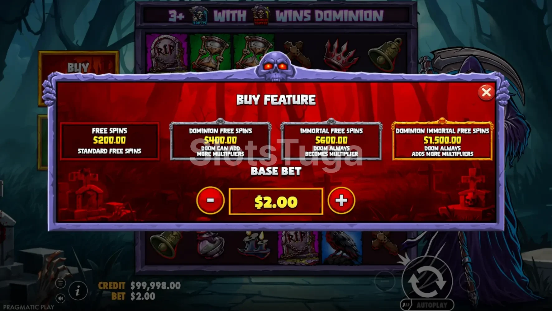 Menu de compra de bônus na slot Death Dominion