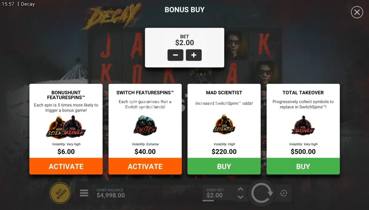 Ecrã de compra de bónus em Decay