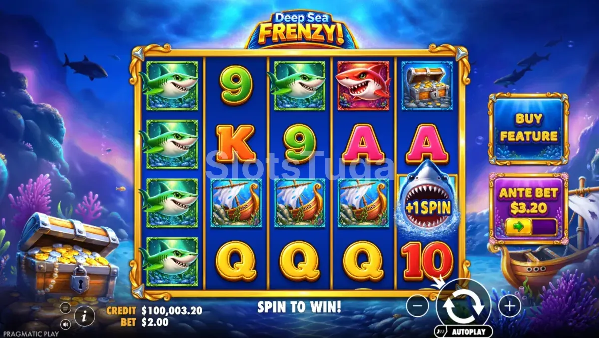 Jogo base de Deep Sea Frenzy com grelha 5x4 e tubarões