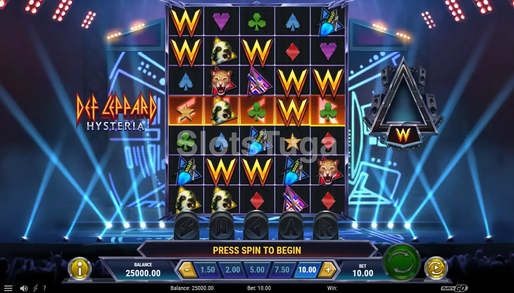 Tela principal da slot Def Leppard Hysteria com os rouleaux e símbolos do jogo