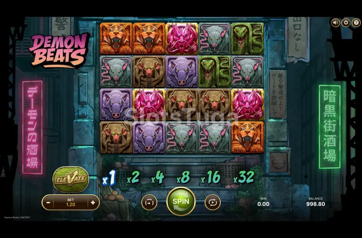 Jogo base de Demon Beats com a grelha de 5 rolos diante do portão do templo