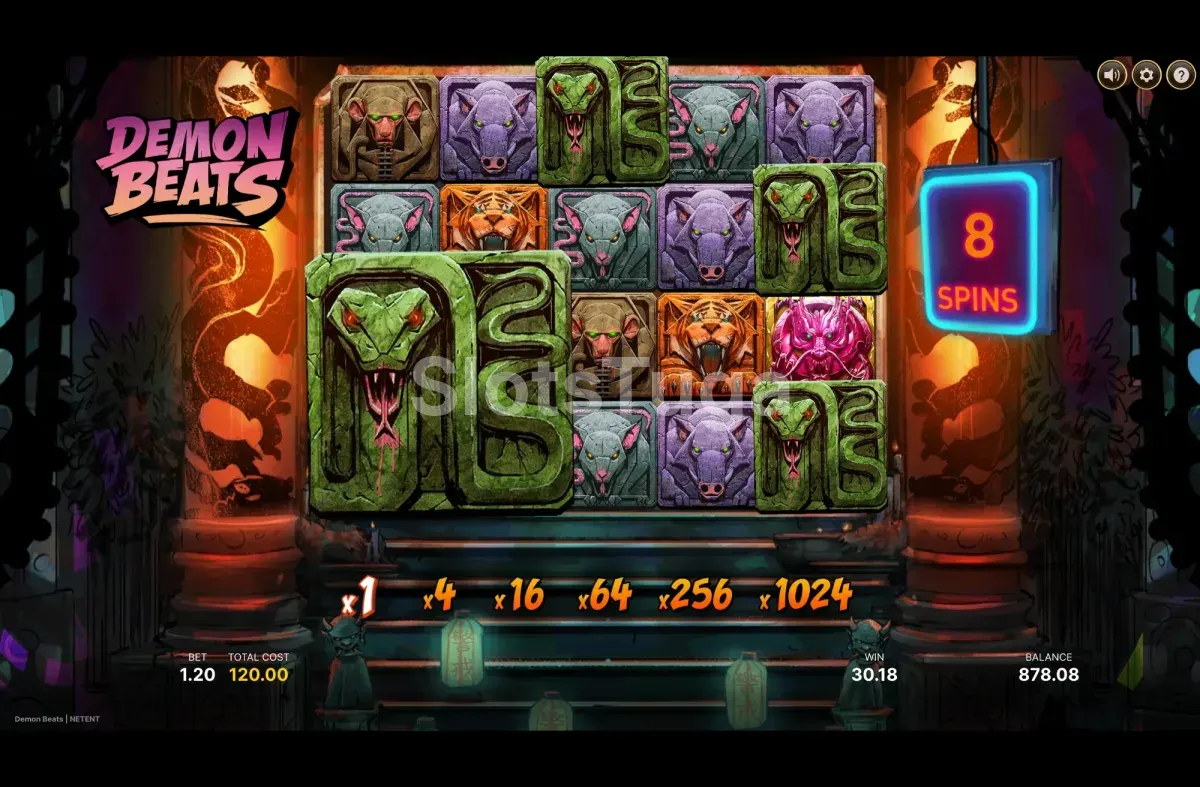 Ronda de free spins de Demon Beats no interior do templo