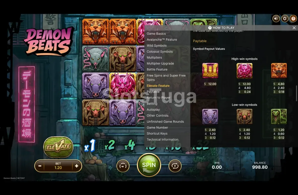 Tabela de pagamentos de Demon Beats com os valores do tigre e do dragão