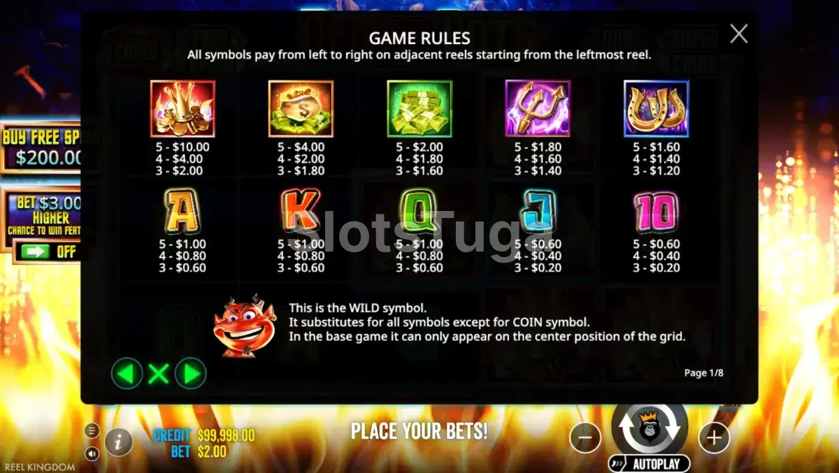 Tabela de pagamentos da Demon Pots mostrando valores dos símbolos