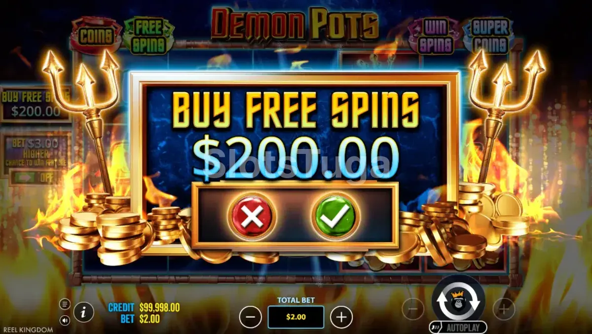 Tela de compra de bônus da Demon Pots com opções disponíveis