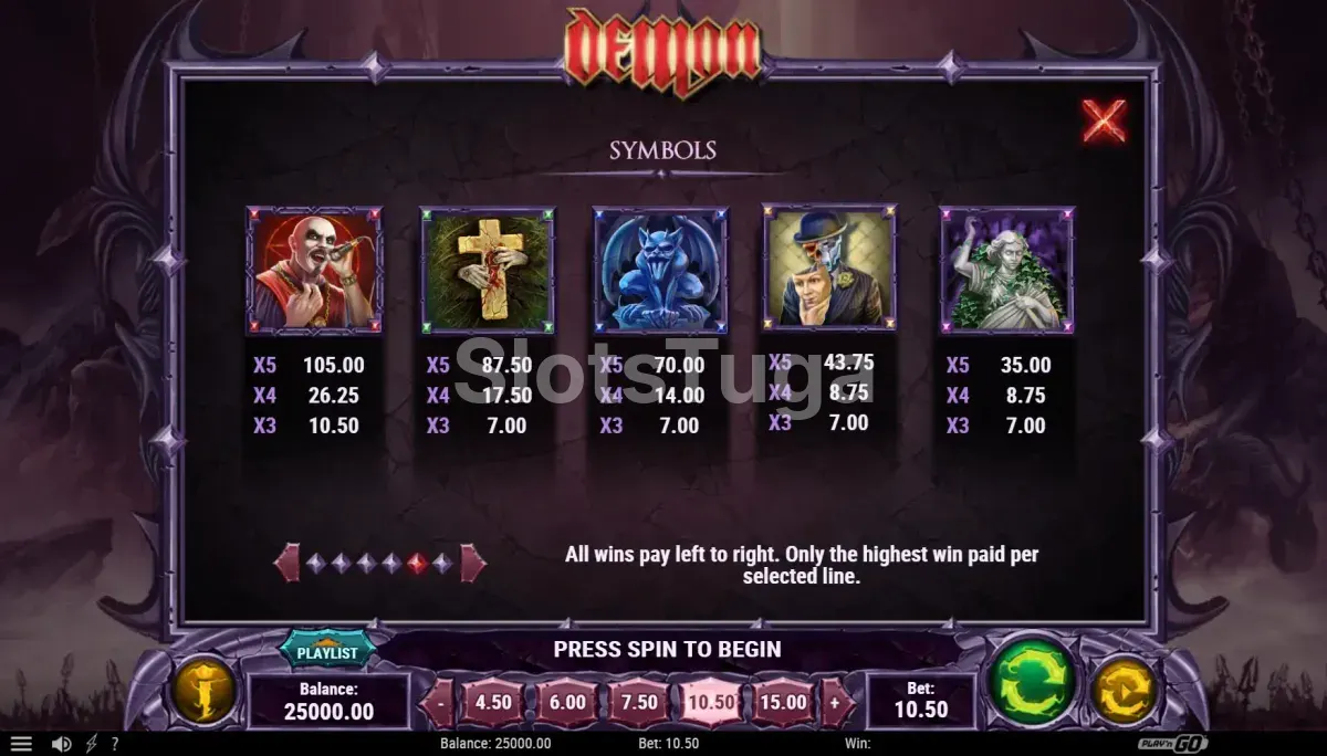 Tabela de pagamentos da Demon, slot da Play'n GO
