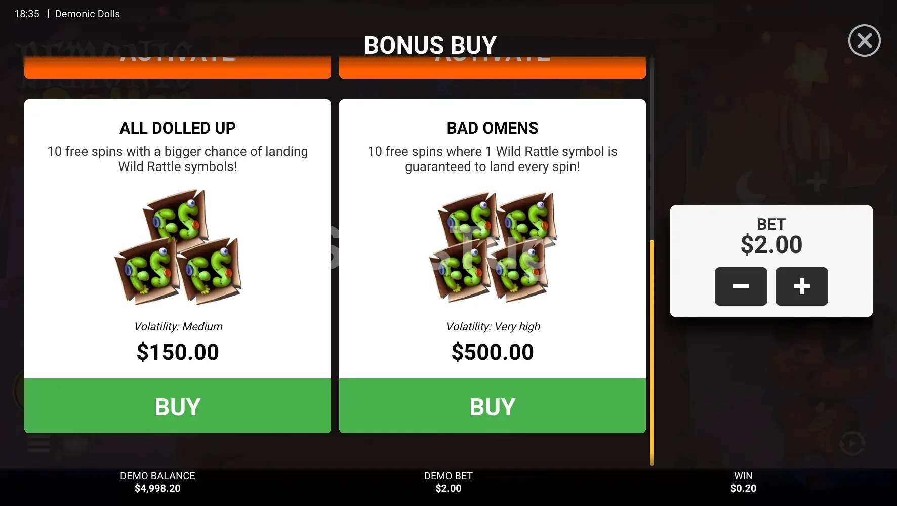 Ecrã de compra do bónus em Demonic Dolls