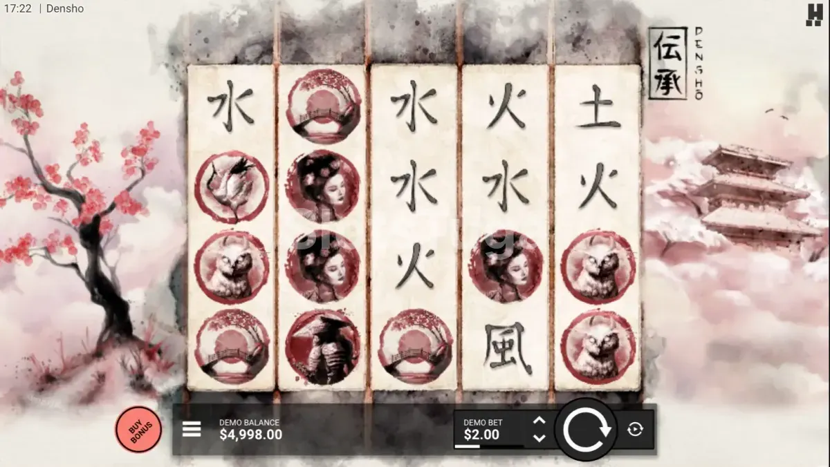 Tela principal do jogo Densho com cenário japonês animado