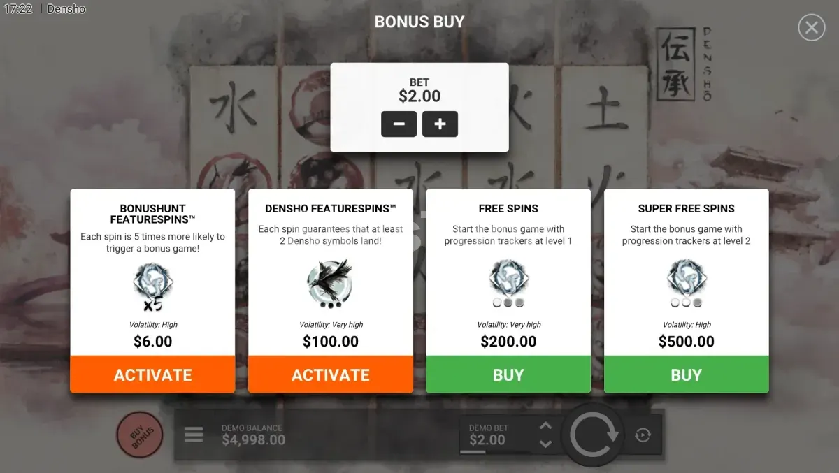 Menu de compra de bônus do Densho com quatro opções disponíveis