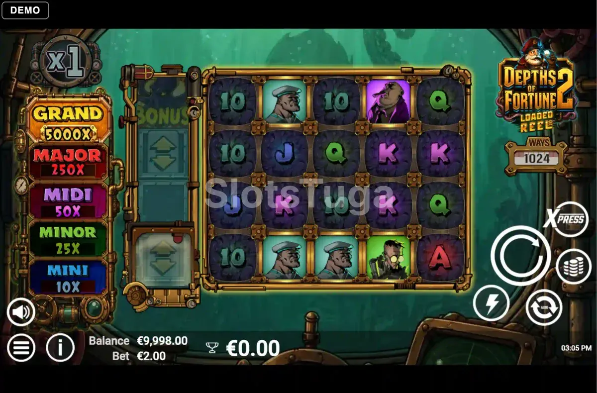 Jogo base da slot Depths of Fortune 2 com rouleaux e símbolos aquáticos