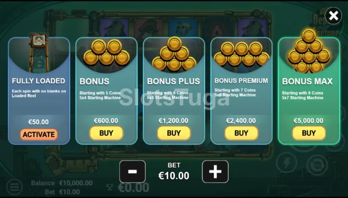 Tela de compra de bônus do Depths of Fortune com opções de Bonus Buy