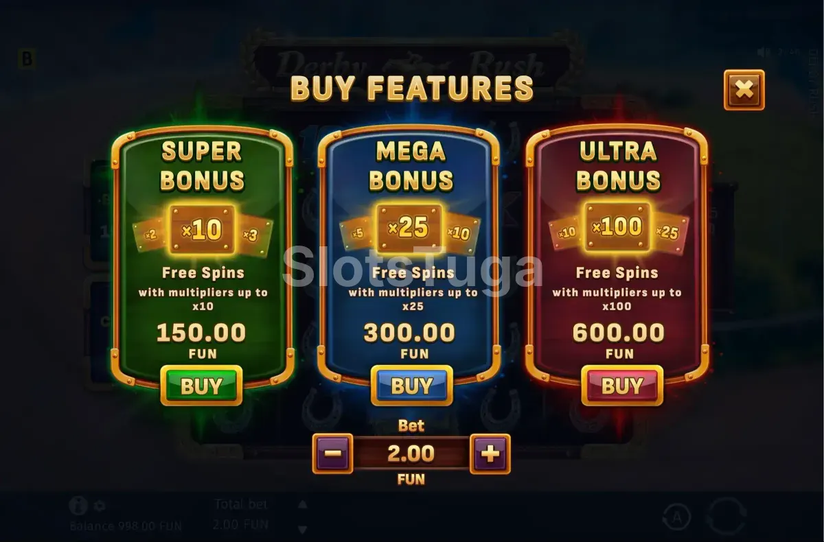 Opções de Bonus Buy disponíveis na Derby Rush