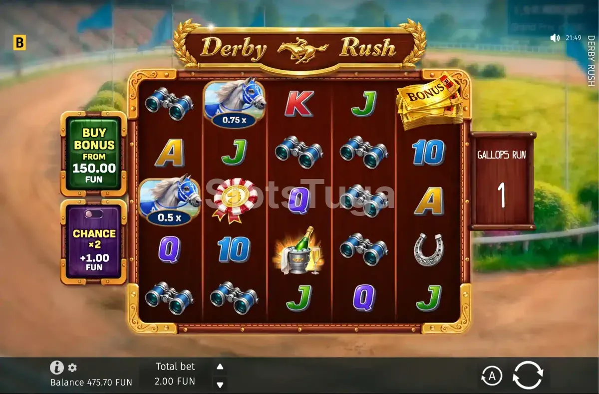 Jogo base da Derby Rush com a pista de corrida ao fundo