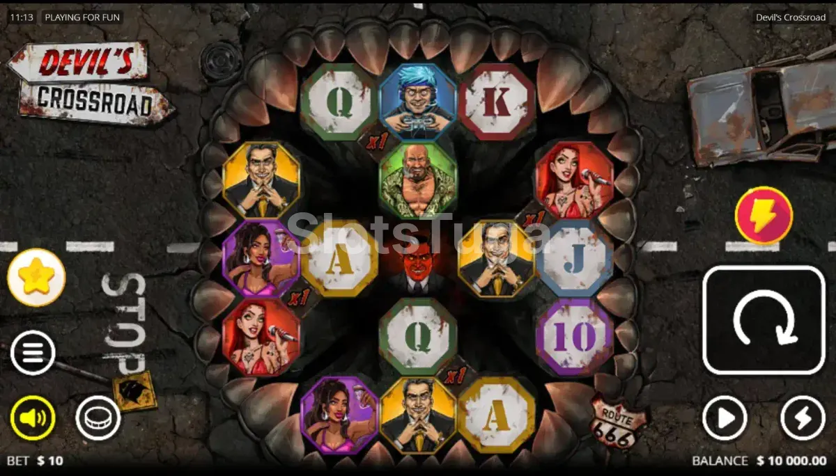 Jogo base da Devil's Crossroad com grade 3x3 e atmosfera sombria