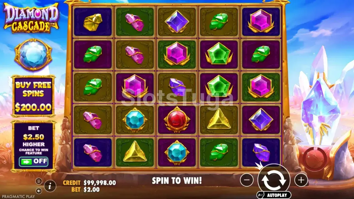 Tela principal da slot Diamond Cascade com a grade de 5x5