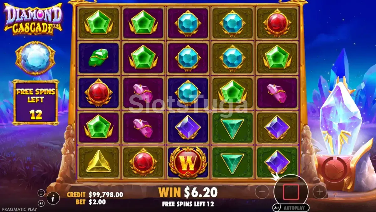 Rodadas grátis em andamento na Diamond Cascade com multiplicador acumulando