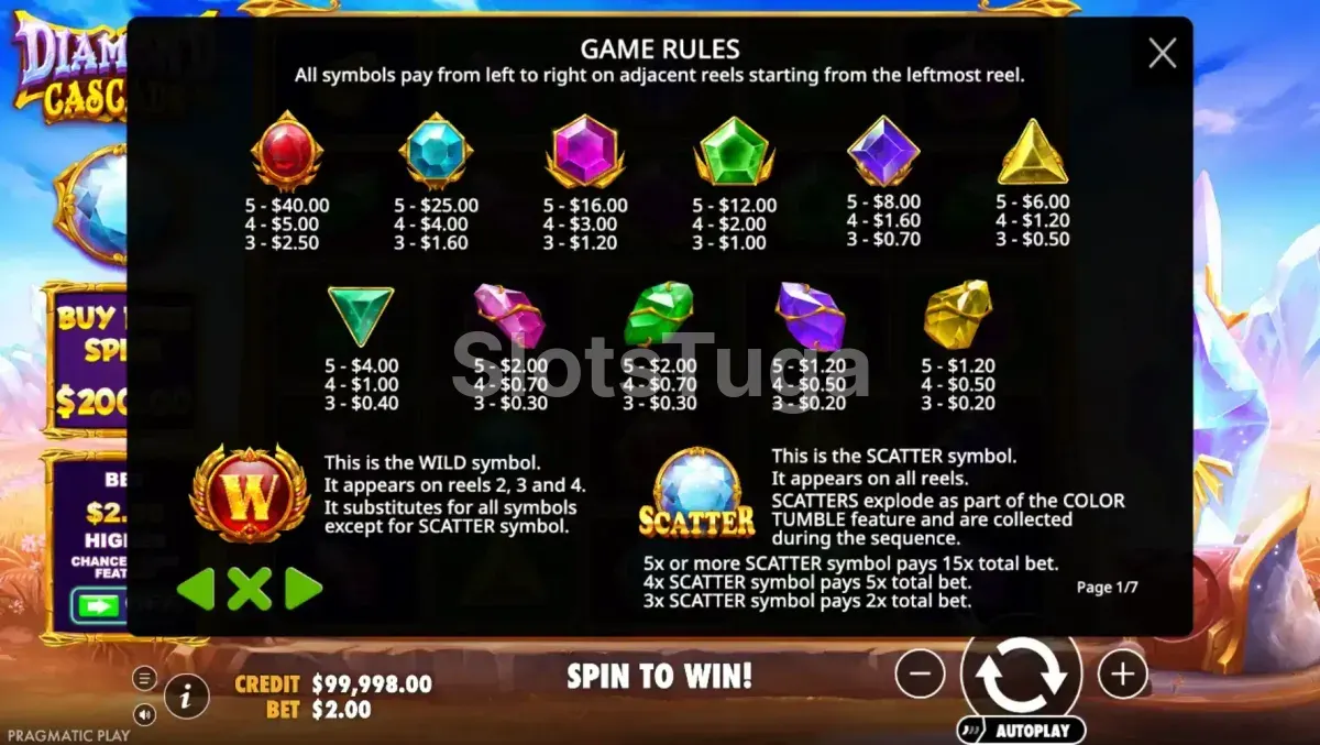 Tabela de pagamentos da Diamond Cascade com os símbolos e seus valores
