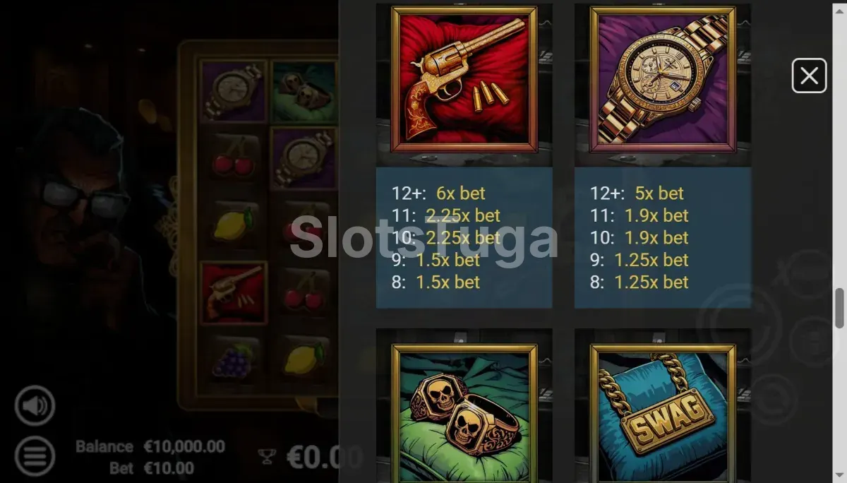 Tabela de pagamentos do Diamond Dez mostrando os símbolos e multiplicadores