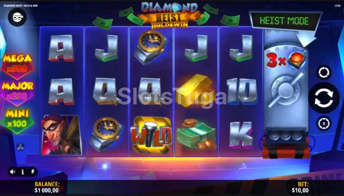 Tela principal do jogo Diamond Heist Hold & Win com rouleaux e símbolos de diamantes