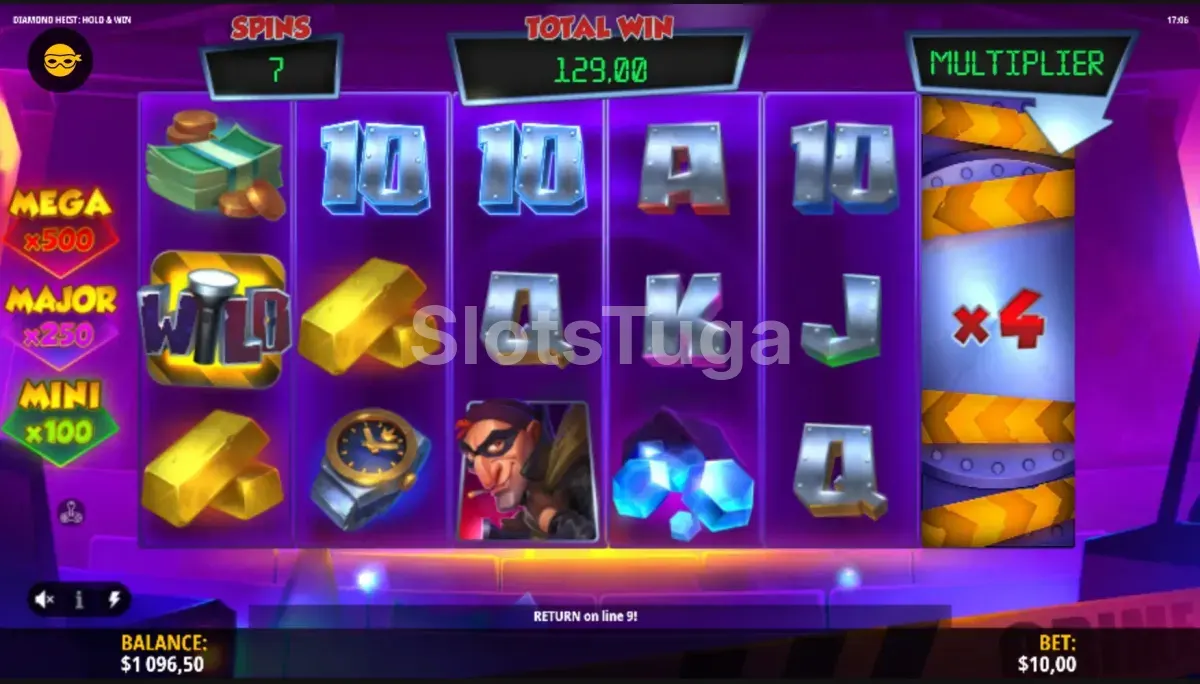 Modo de giros grátis ativado na Diamond Heist Hold & Win com multiplicadores visíveis