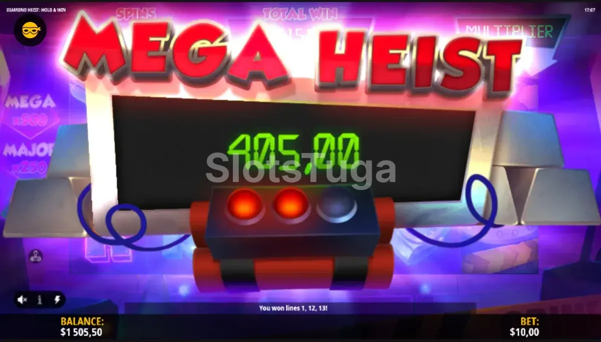 Tela de grande vitória na Diamond Heist Hold & Win exibindo premiação alta