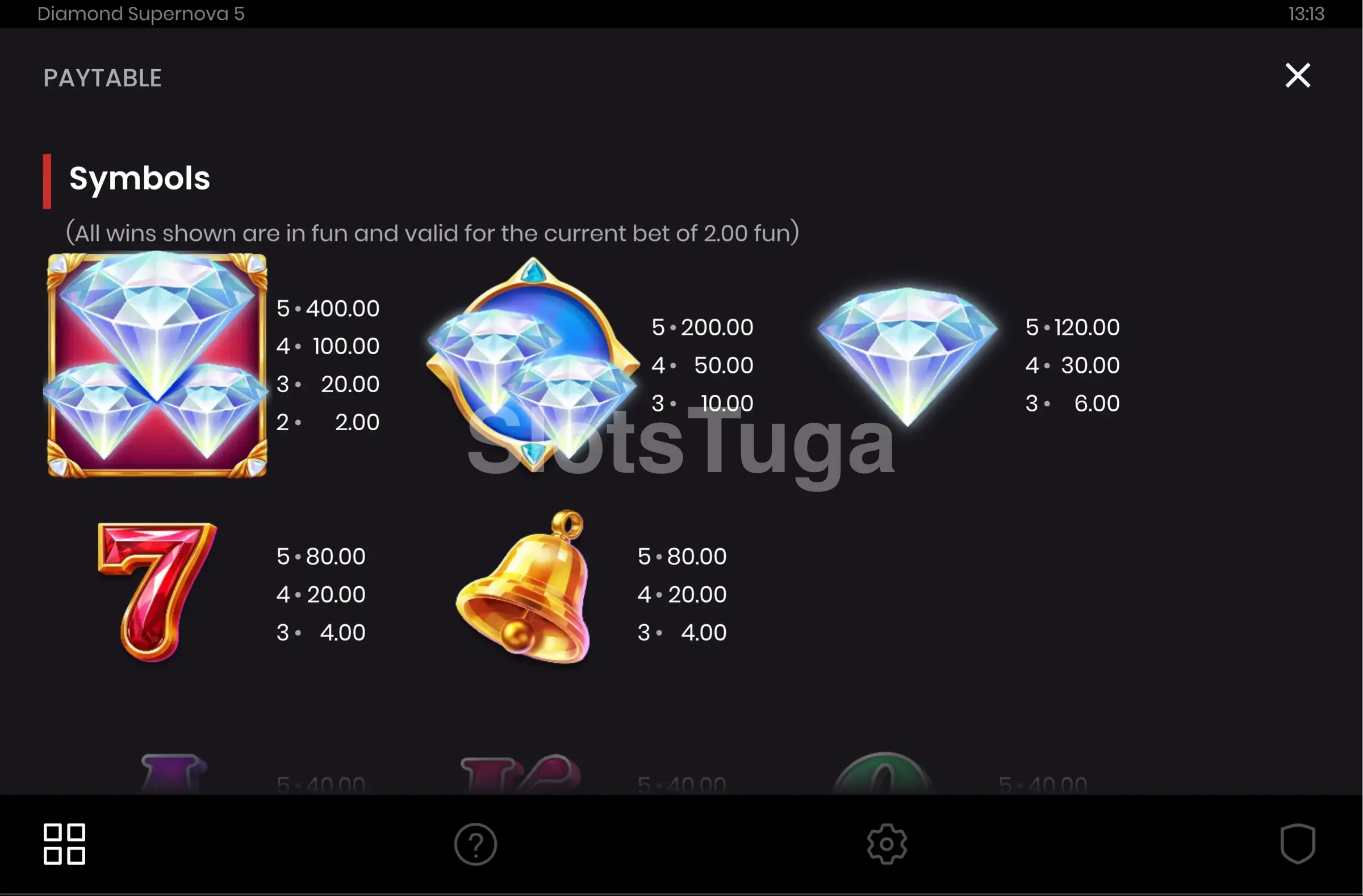 Tabela de pagamentos da Diamond Supernova mostrando símbolos e valores