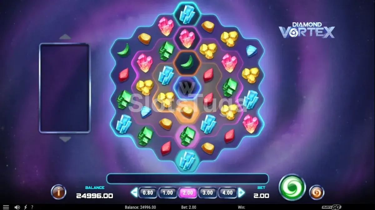 Diamond Vortex: grelha hexagonal de cristais azuis, rubis cor-de-rosa, pepitas douradas, esmeraldas e luas verdes dispostos em três anéis à volta de um wild central, com cristais azuis nas zonas de topo e de base, sobre uma nebulosa roxa.