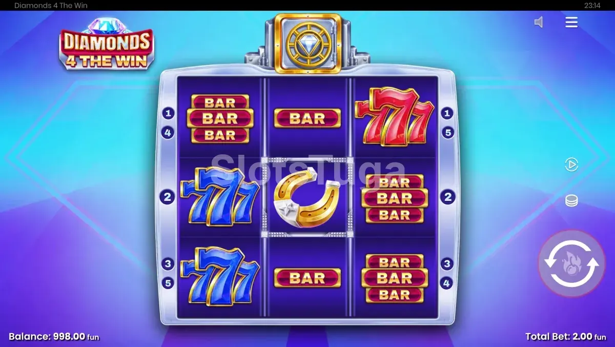 Jogo base da Diamonds 4 The Win com os três rolos e diamantes em destaque