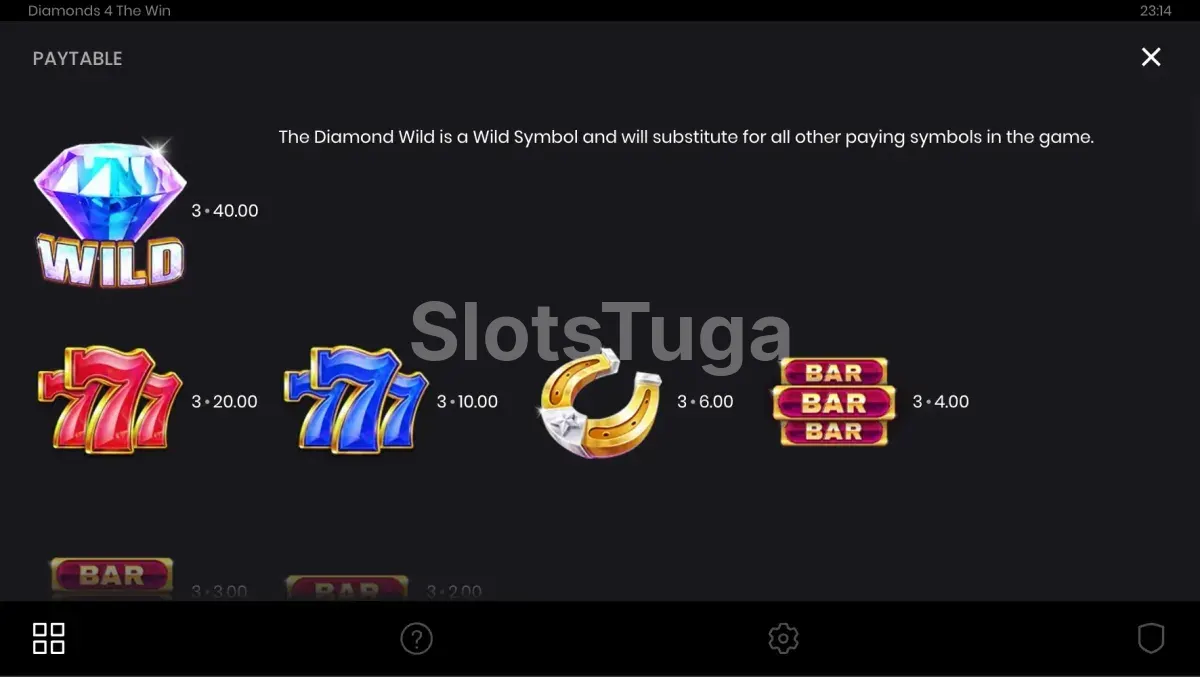 Tabela de pagamentos da Diamonds 4 The Win mostrando os valores dos símbolos