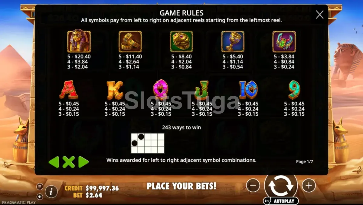 Tabela de pagamentos da slot Diamonds of Egypt