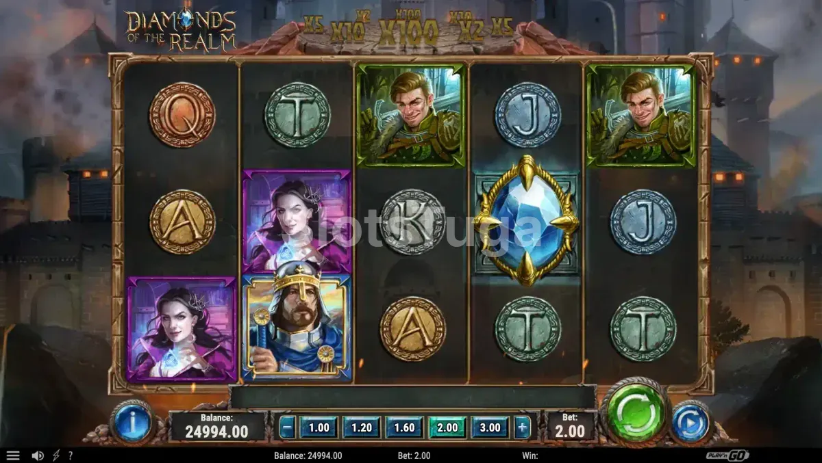 Segunda tela do jogo base de Diamonds of the Realm mostrando uma rodada com símbolos especiais
