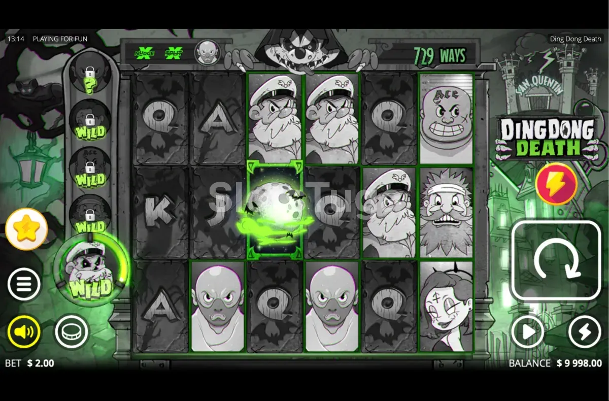 Jogo base de Ding Dong Death com a grelha de 6 rolos e o Death Meter lateral