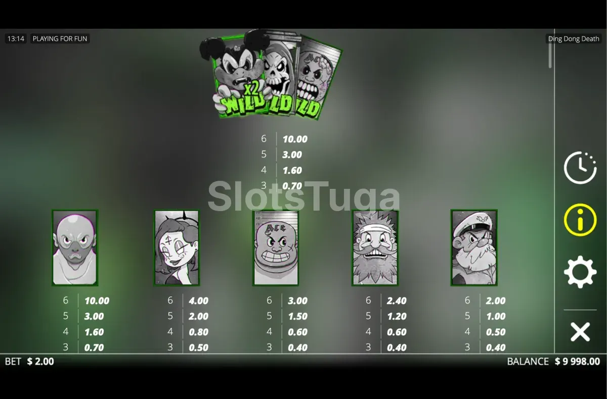 Tabela de pagamentos de Ding Dong Death com os símbolos altos e as cartas