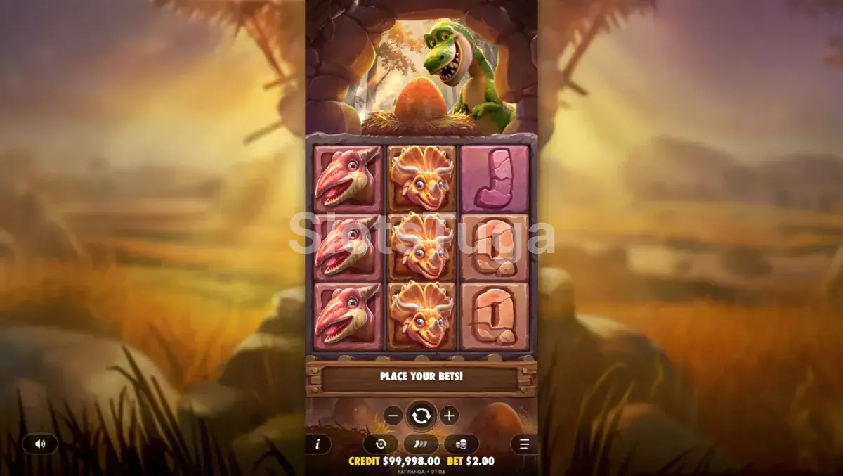 Tela principal da slot Dino Drop com dinossauros coloridos