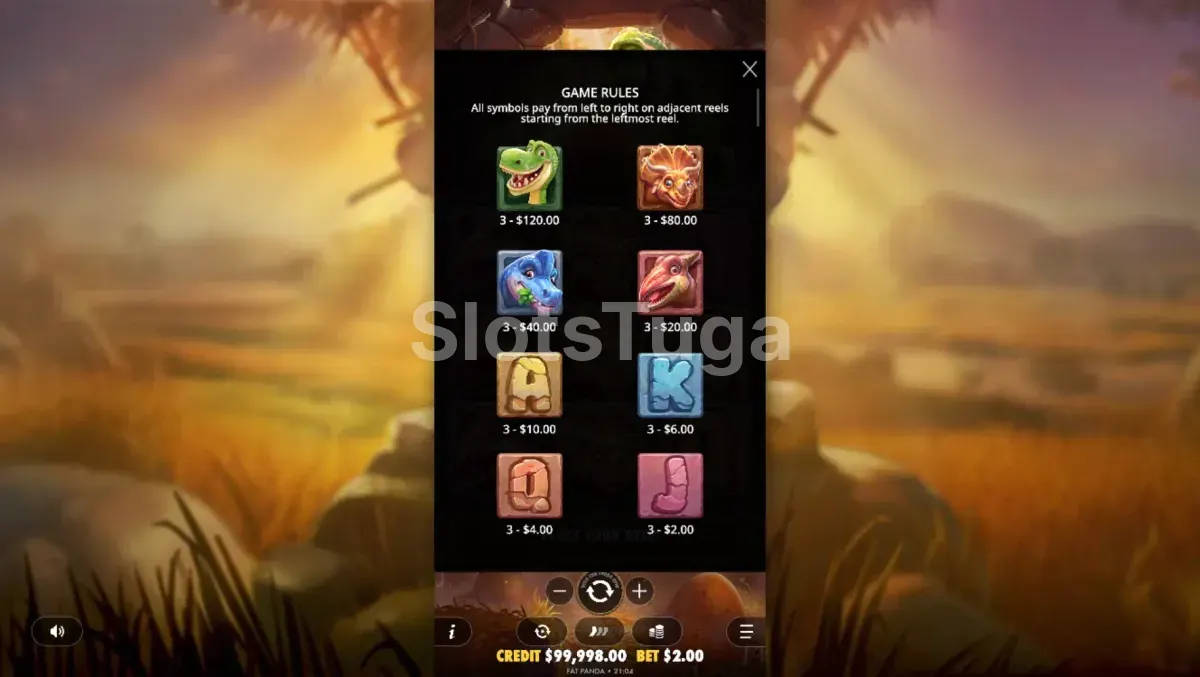 Tabela de pagamentos da Dino Drop com símbolos e valores