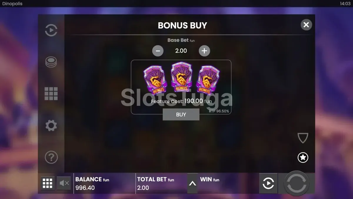 Opção de compra de bônus na slot Dinopolis