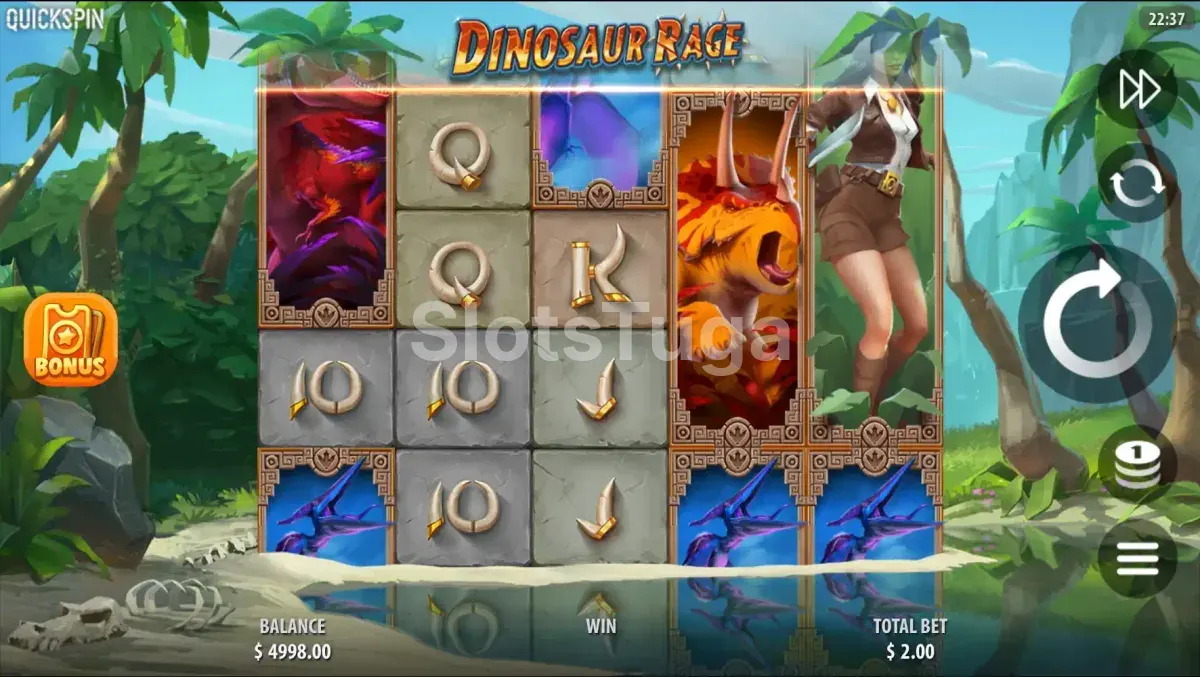 Tela principal da slot Dinosaur Rage com Anna e os dinossauros