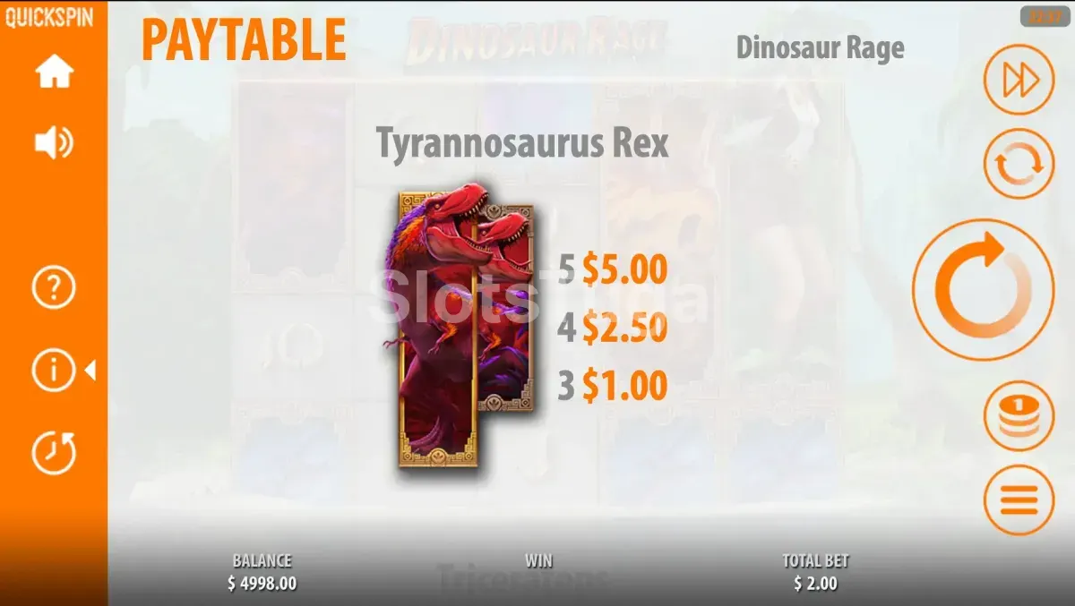 Tabela de pagamentos da Dinosaur Rage mostrando os símbolos