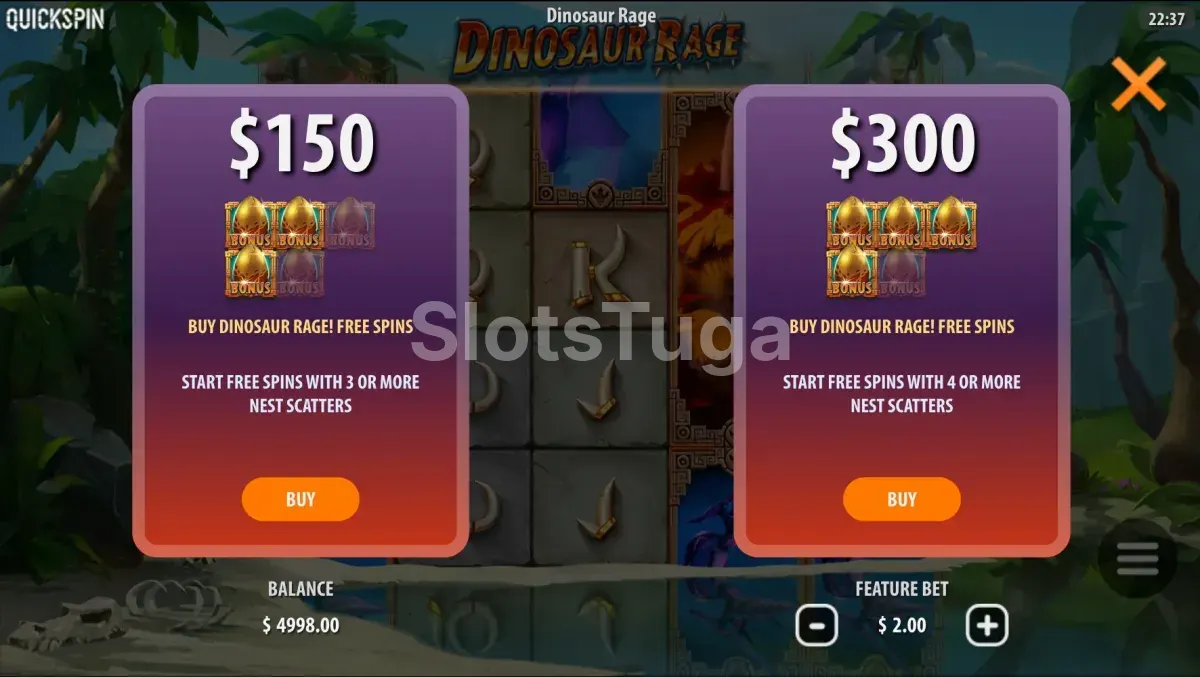 Tela de compra de bônus da Dinosaur Rage com as duas opções disponíveis